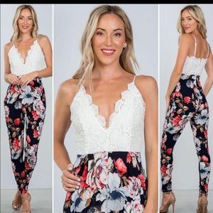 Lace and Floral One Piece Jumpsuit NWOT